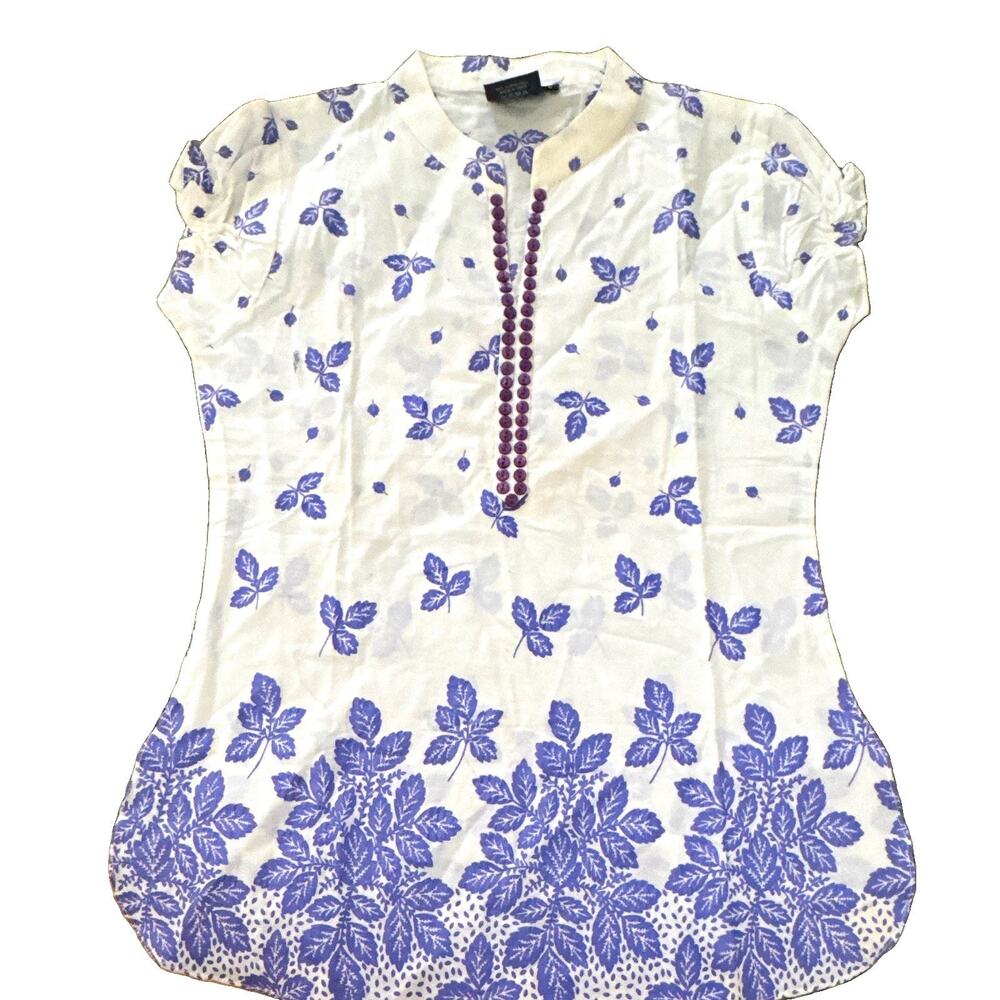 ZOLA White Purple Floral Silk Woven Button Front V-Neck Tunic Blouse L